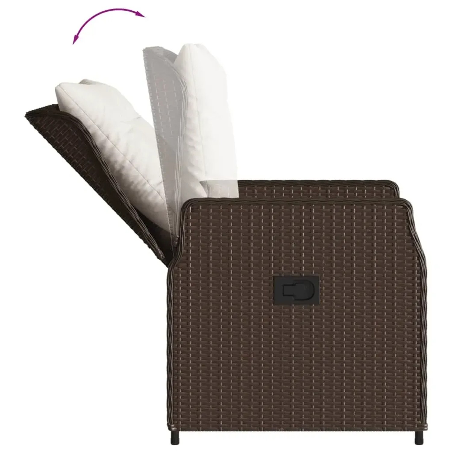 Verstellbarer Gartenstuhl aus braunem Rattan mit Kissen, Teil der vidaXL Garten-Essgruppe.