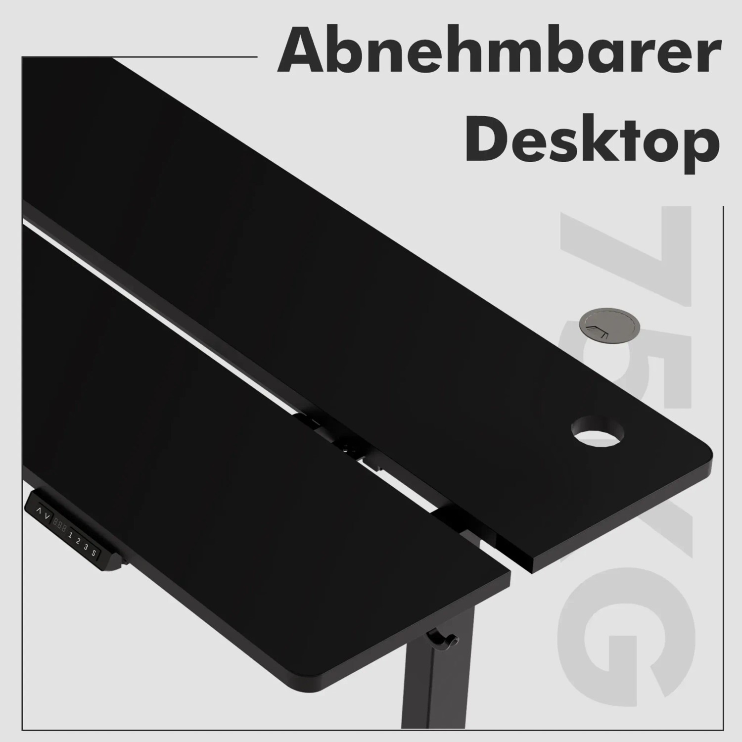 Detailansicht: HOMAVO Schreibtisch, elektrisch höhenverstellbar, 120x60cm, mit Bedienelementen.