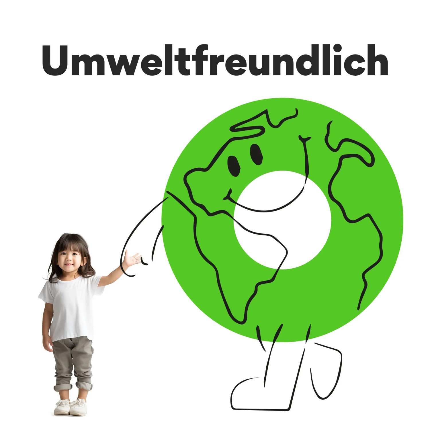 Illustration: Mädchen und grüne Erdkugel mit dem Schriftzug "Umweltfreundlich".
