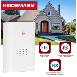 Heidemann Funkgong HX One, 82 dB, weiß, vor Hausfassade. Türklingel mit roter LED und erweiterbarem HX-System.