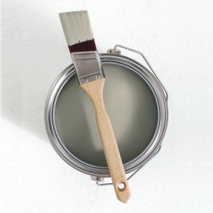 Farbeimer mit Pinsel: V&CO Premium Innenfarbe Dead Flat Matt Grau "Gewöhnliches Greige"