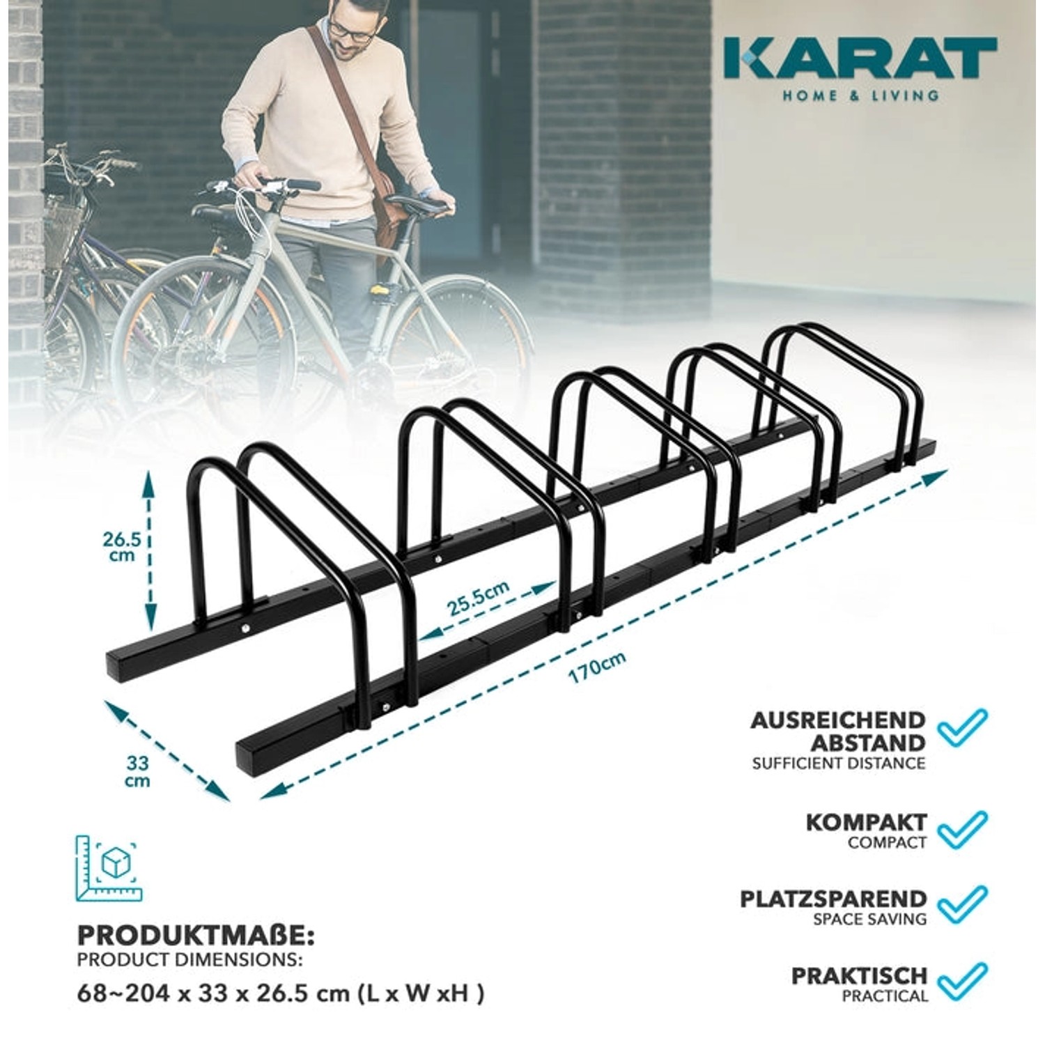 Schwarzer KARAT Fahrradständer Linus für 5 Fahrräder, zur Boden- oder Wandmontage.