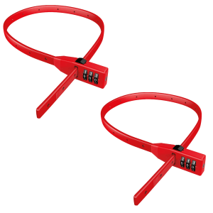 2 rote Basi Kabelbinder-Fahrradschlösser mit 3-stelliger Zahlenkombination.