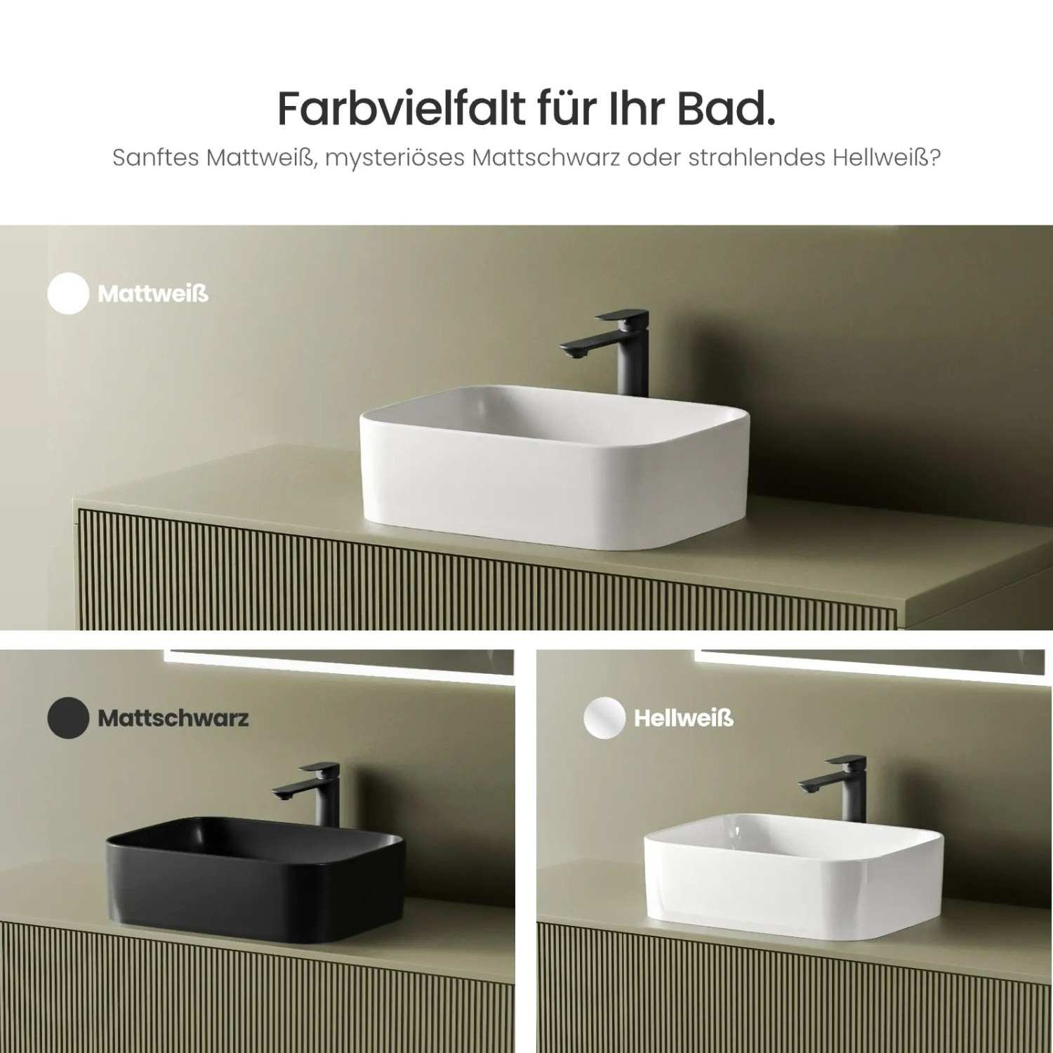 Emke Aufsatzwaschbecken, rechteckig, in Mattweiß, Mattschwarz und Hellweiß für das Badezimmer.