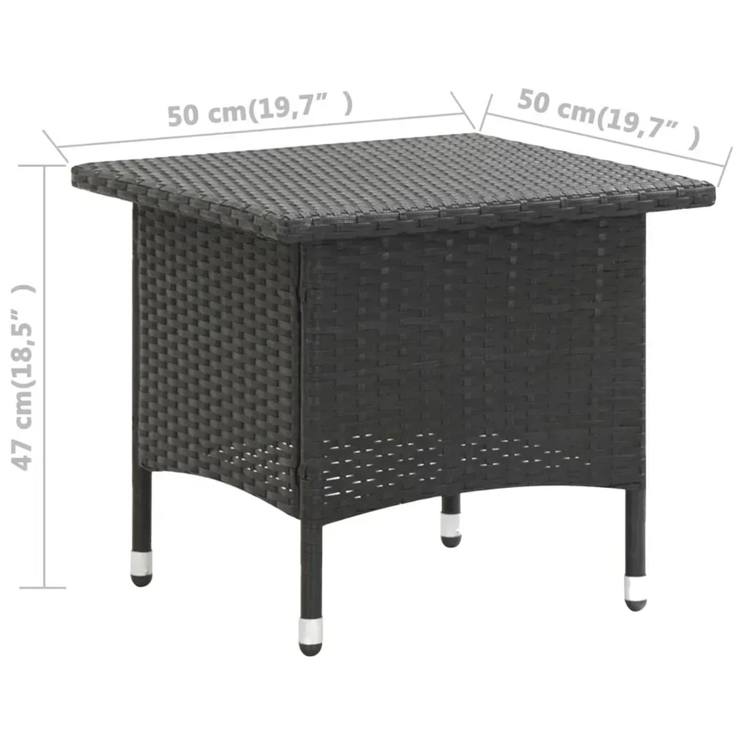 Schwarzer vidaXL Beistelltisch aus Poly Rattan, 50x50x47 cm, ideal für Garten und Terrasse.