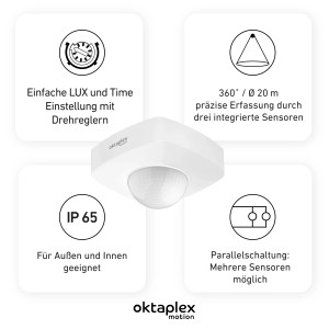 Oktaplex Tim Präsenzmelder 360° 2er Set, weiß, für Innen & Außen. Bewegungsmelder für Lampen & Leuchten.