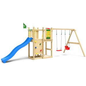 Jungle Gym Spielturm Ledge mit blauer Rutsche, Doppelschaukel und Kletterwand. Holz, für Kinder.