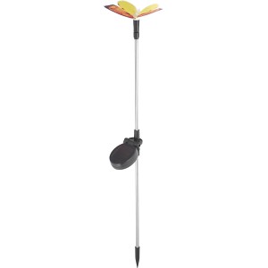 Gelber LED-Solarspieß Sagli mit Schmetterling als Deko für Garten, Terrasse oder Balkon.