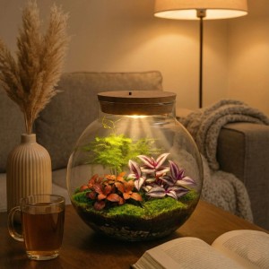 Vdvelde DIY Glas-Terrarium (30 cm) mit LED-beleuchteten Grünpflanzen und Korkdeckel. Ideal für Wohnzimmer-Deko.