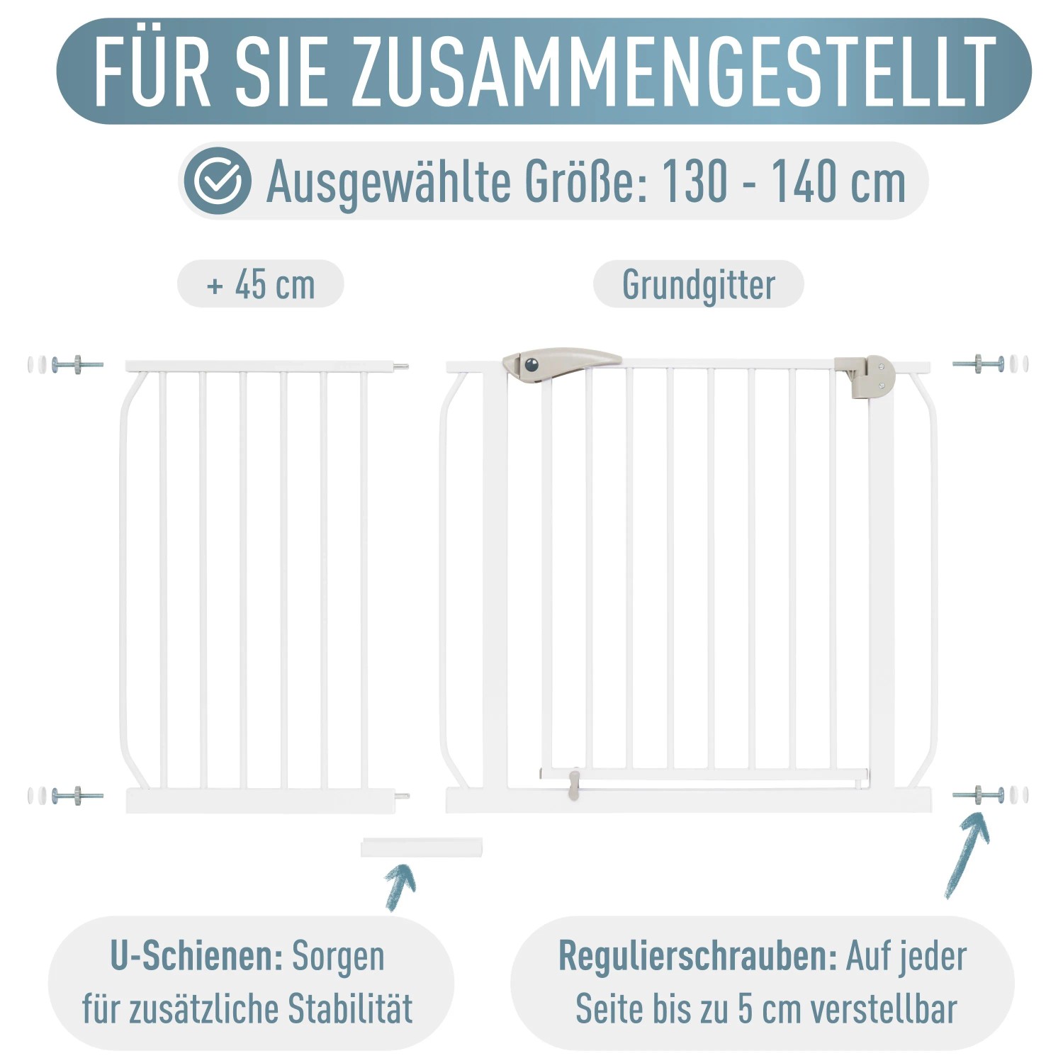 ib style Türschutzgitter Berrin, 130-140cm, weiß, mit U-Schienen und Regulierschrauben für sicheren Halt.