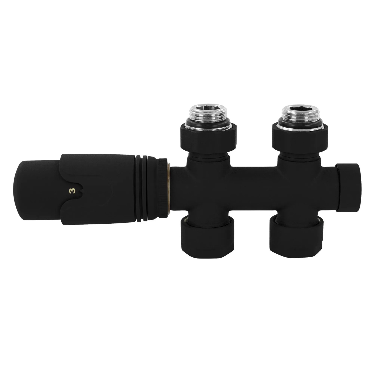 Schwarze LuxeBath Anschlussgarnitur für Badheizkörper mit Mittelanschluss in Durchgangsform.