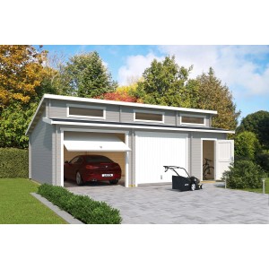Lasita Garage Hawaii Set, 780x520 cm, lichtgrau, mit Auto, Rasenmäher und Fahrräder.