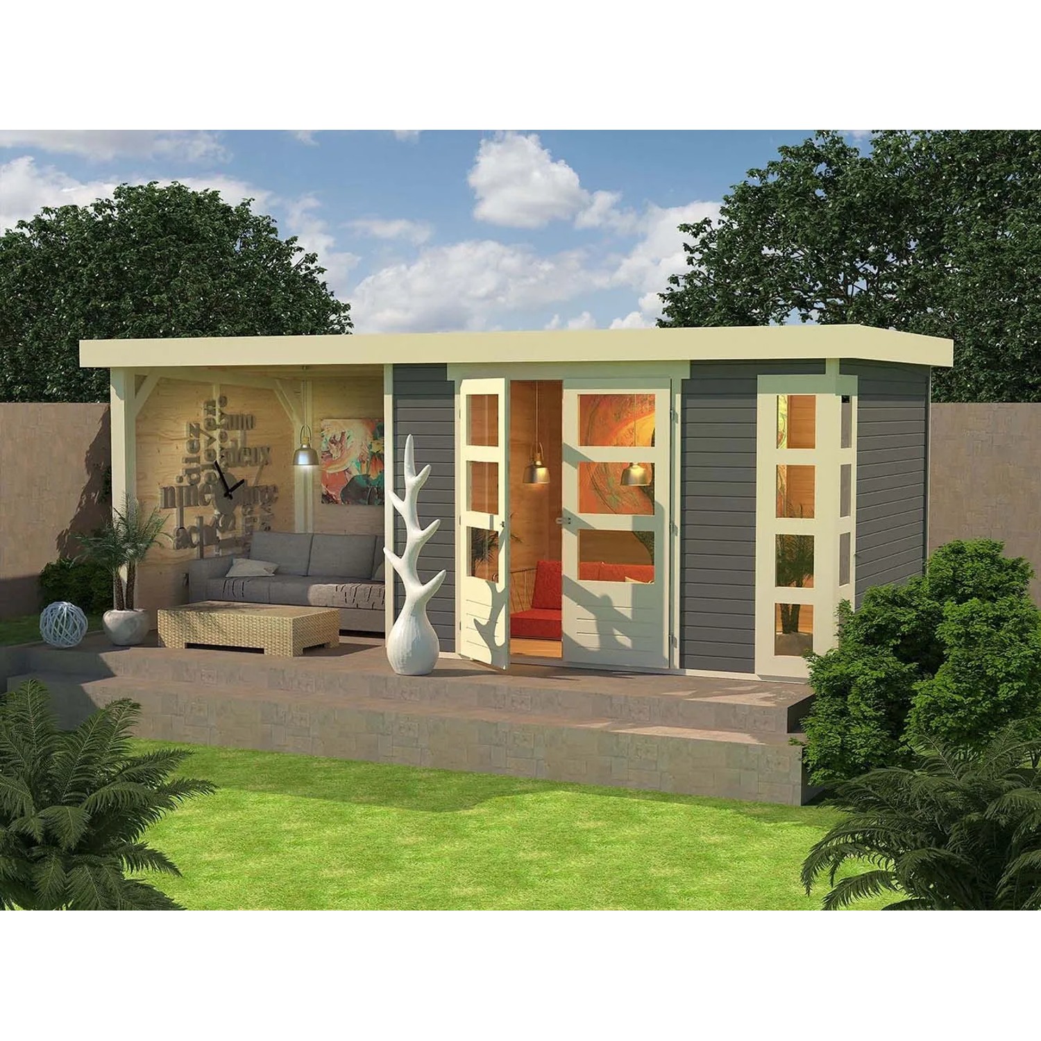 Karibu Gartenhaus Sölve, terragrau, mit Flachdach und Anbau. Lackiertes Holz.
