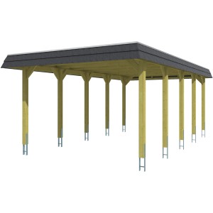 Skan Holz Carport Spreewald, 396x741 cm, mit schwarzer Blende und nussbaumfarbenem Holz.