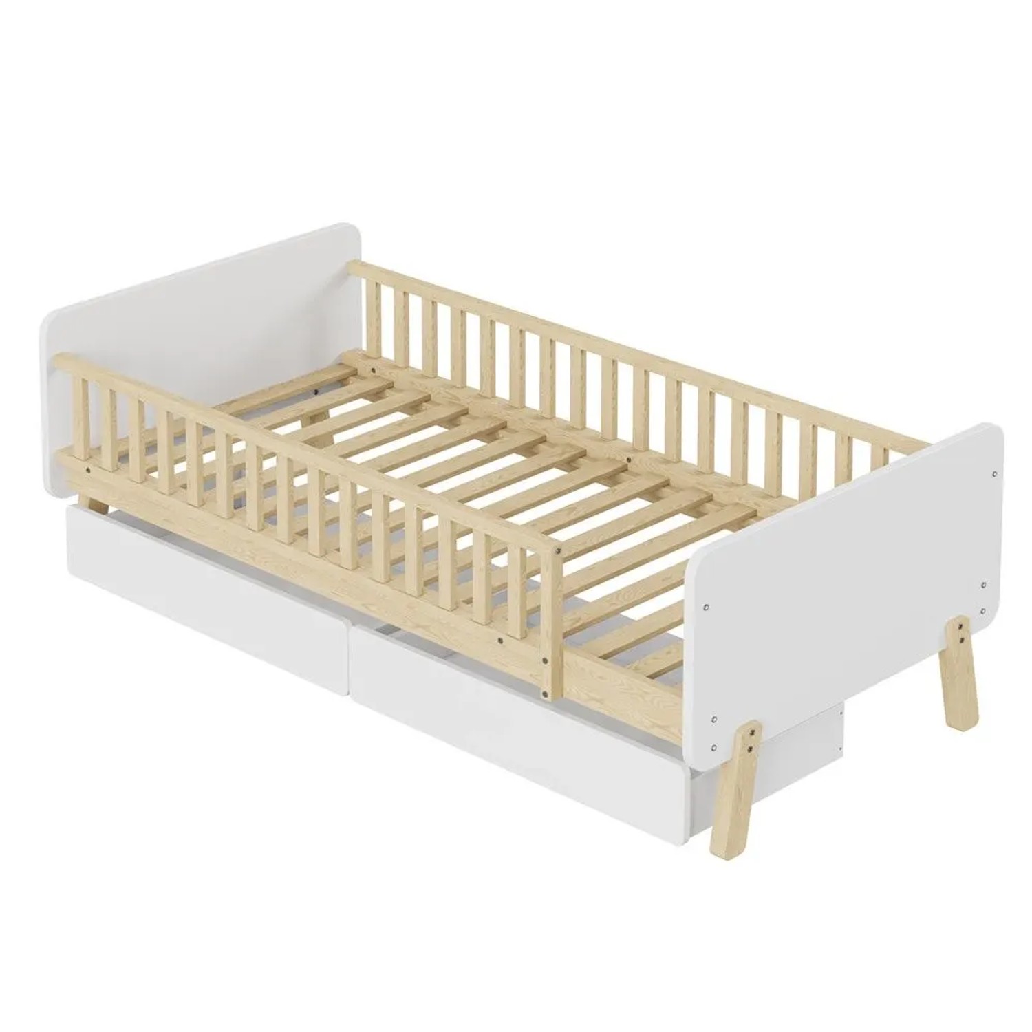 KOMHTOM Kinderbett 90x190 Mit 2 Schubladen  Einzelbett Aus Massivholz Mit Lattenrost  Weiß