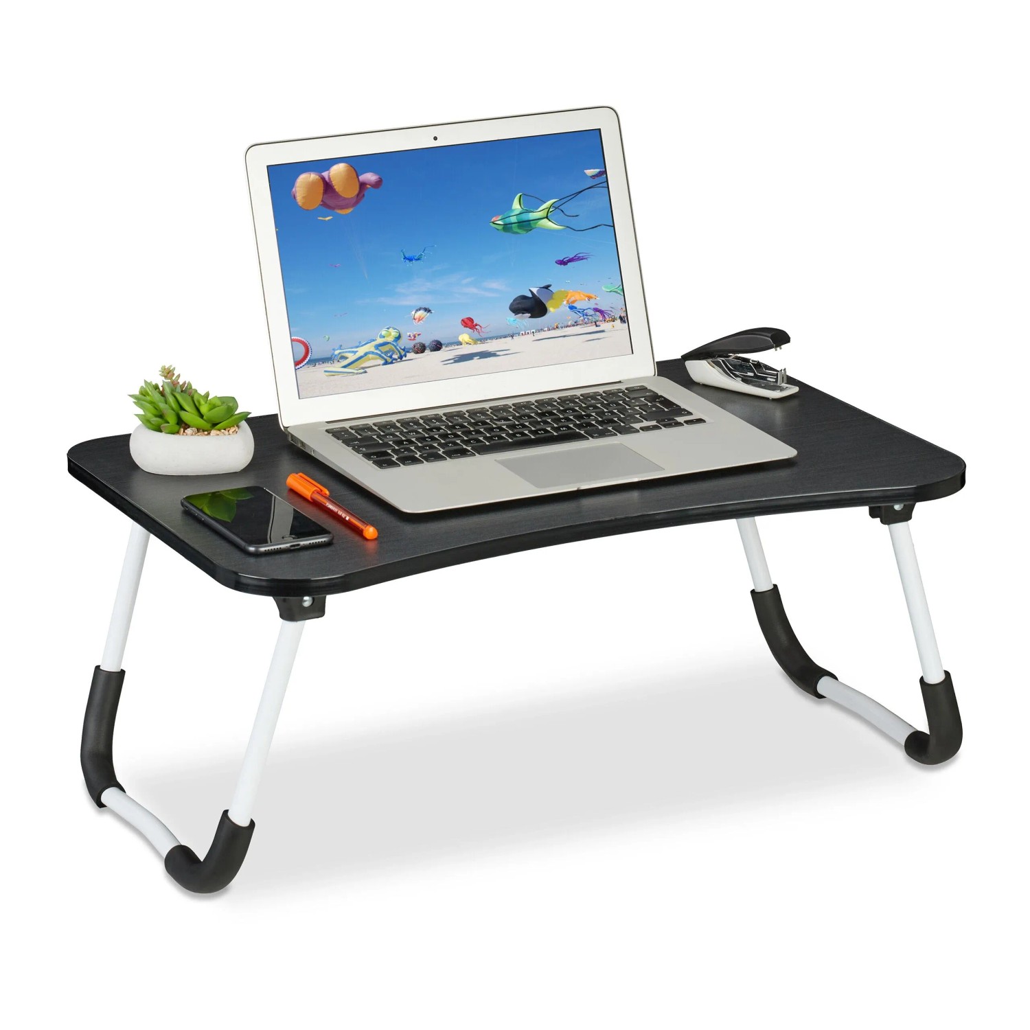 Relaxdays Laptoptisch MDF Eisen Schwarz Rutschfest Zusammenklappbar 63 cm x 40 cm x 26 cm 2 kg