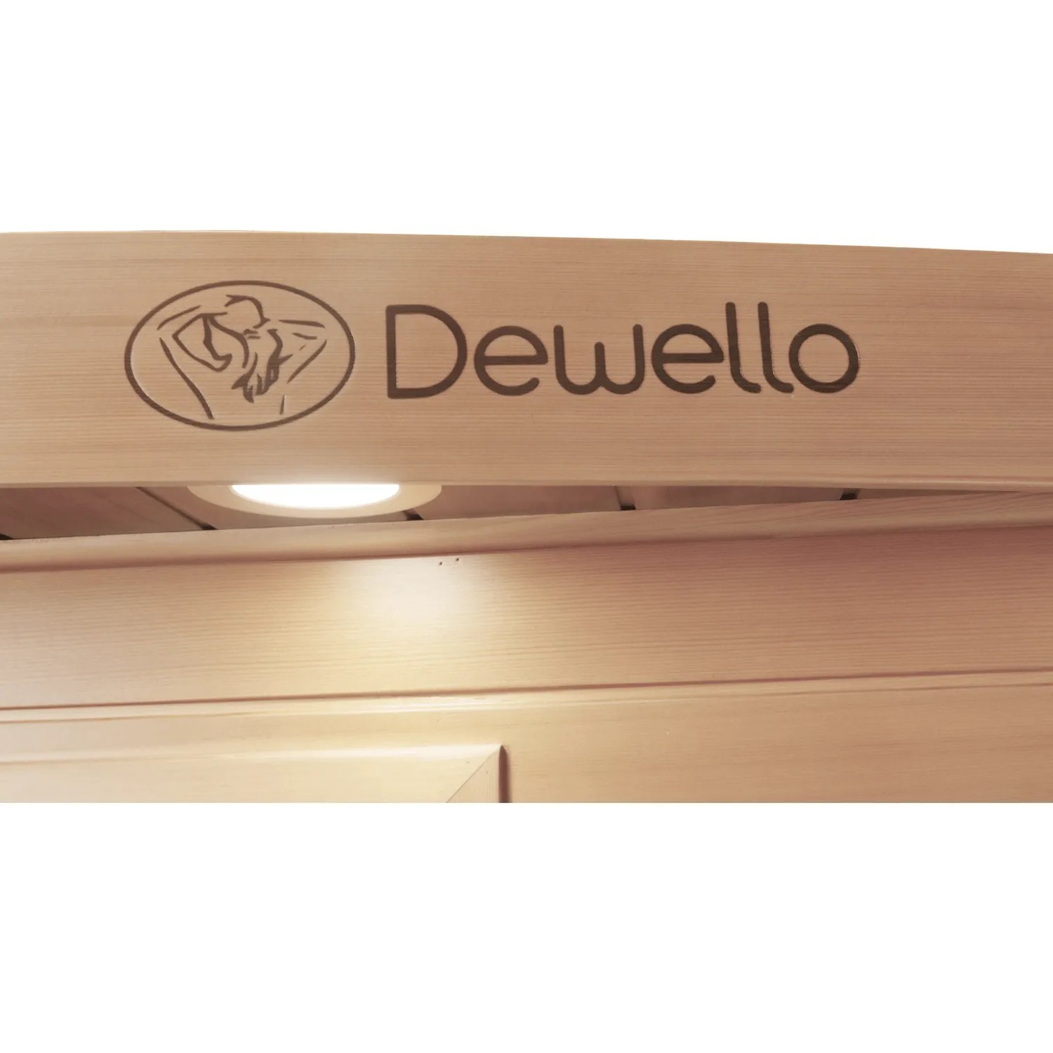 Detailaufnahme Dewello Infrarotkabine Pierson Pro aus Hemlock Zeder mit Logo und Beleuchtung.