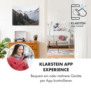 Klarstein Infrarotheizung Wonderwall mit Bergmotiv im Wohnraum, App-Steuerung.