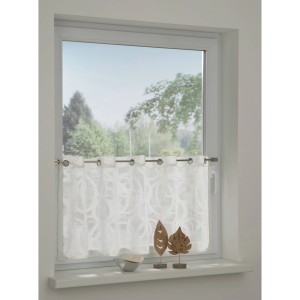 Transparente, naturfarbene Bistrogardine mit Ausbrenner-Kreismuster, 50x135 cm.