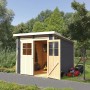 Karibu Holz-Gartenhaus Egersund, terragrau, mit geöffneter Doppeltür und Pultdach.