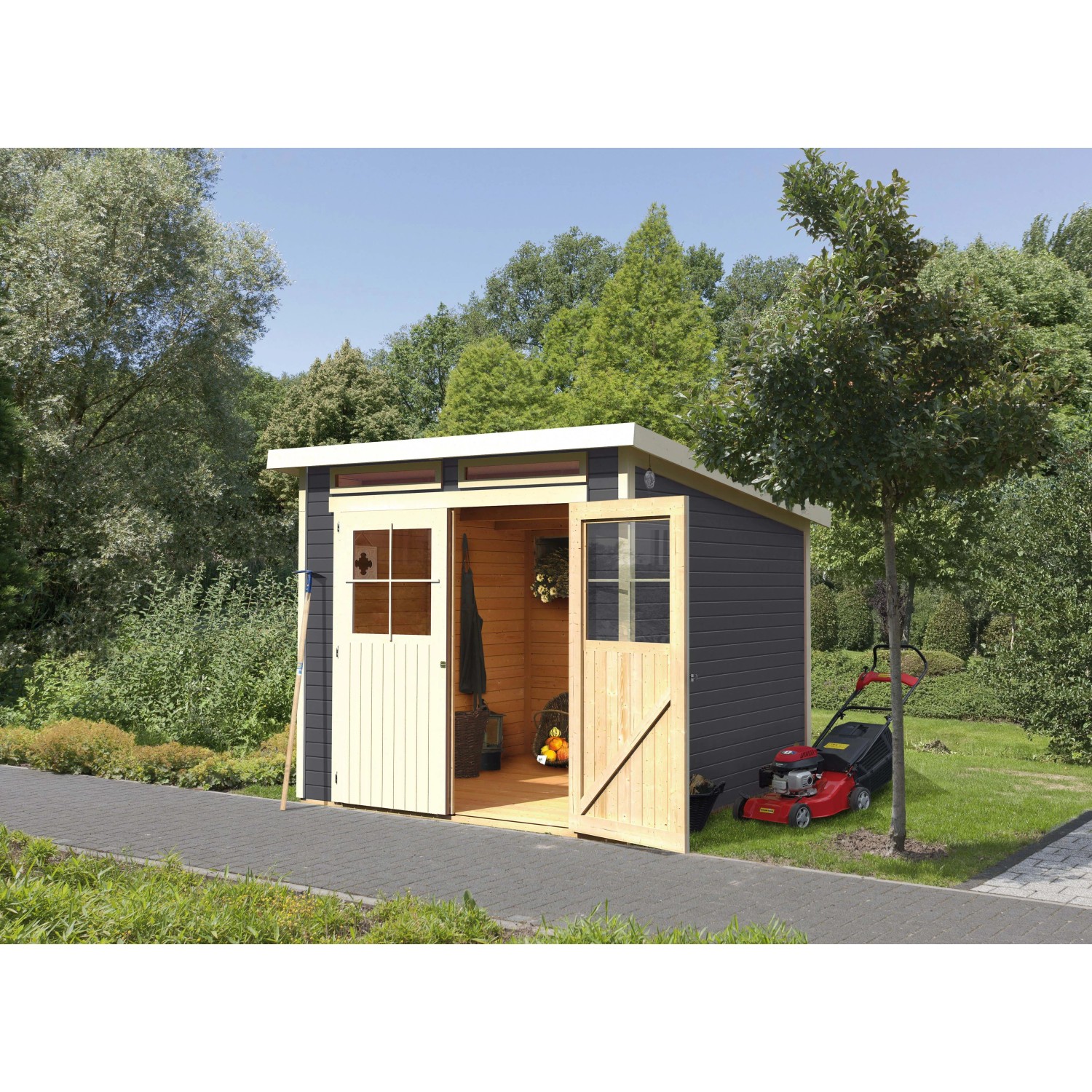 Karibu Holz-Gartenhaus Egersund, terragrau, mit geöffneter Doppeltür und Pultdach.