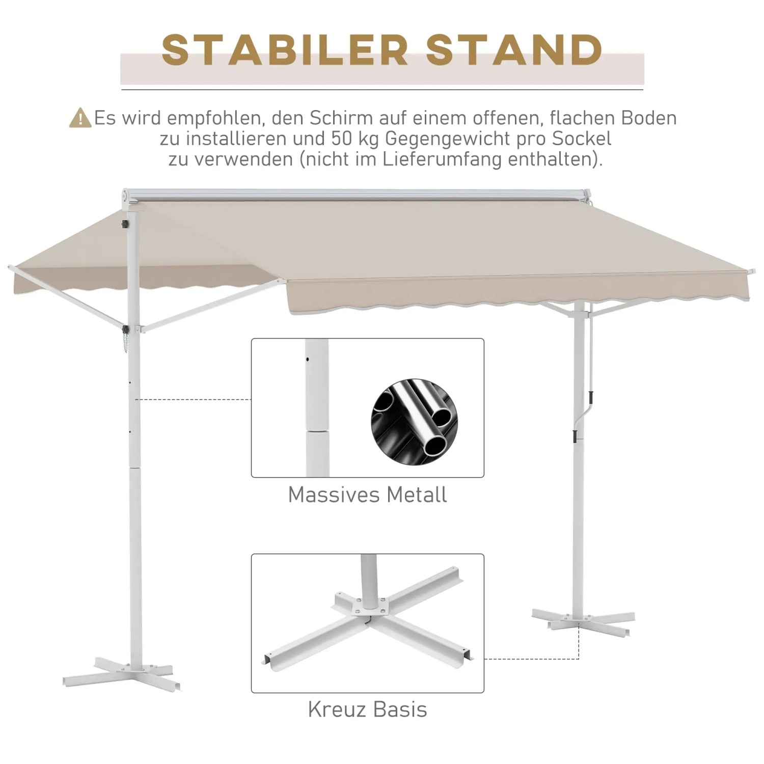 Freistehende, cremeweiße Outsunny Markise aus Metall und Polyester mit stabilem Standfuß.