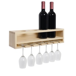 MCW Weinregal P21 aus Holz mit 2 Flaschen und 6 Gläsern. Wandmontage.