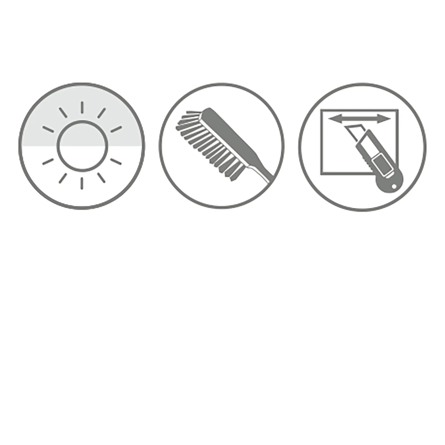 Symbole für Funktionen des Gardinia EasyFix Rollos: Lichtdurchlässigkeit, Reinigung, Zuschneiden.