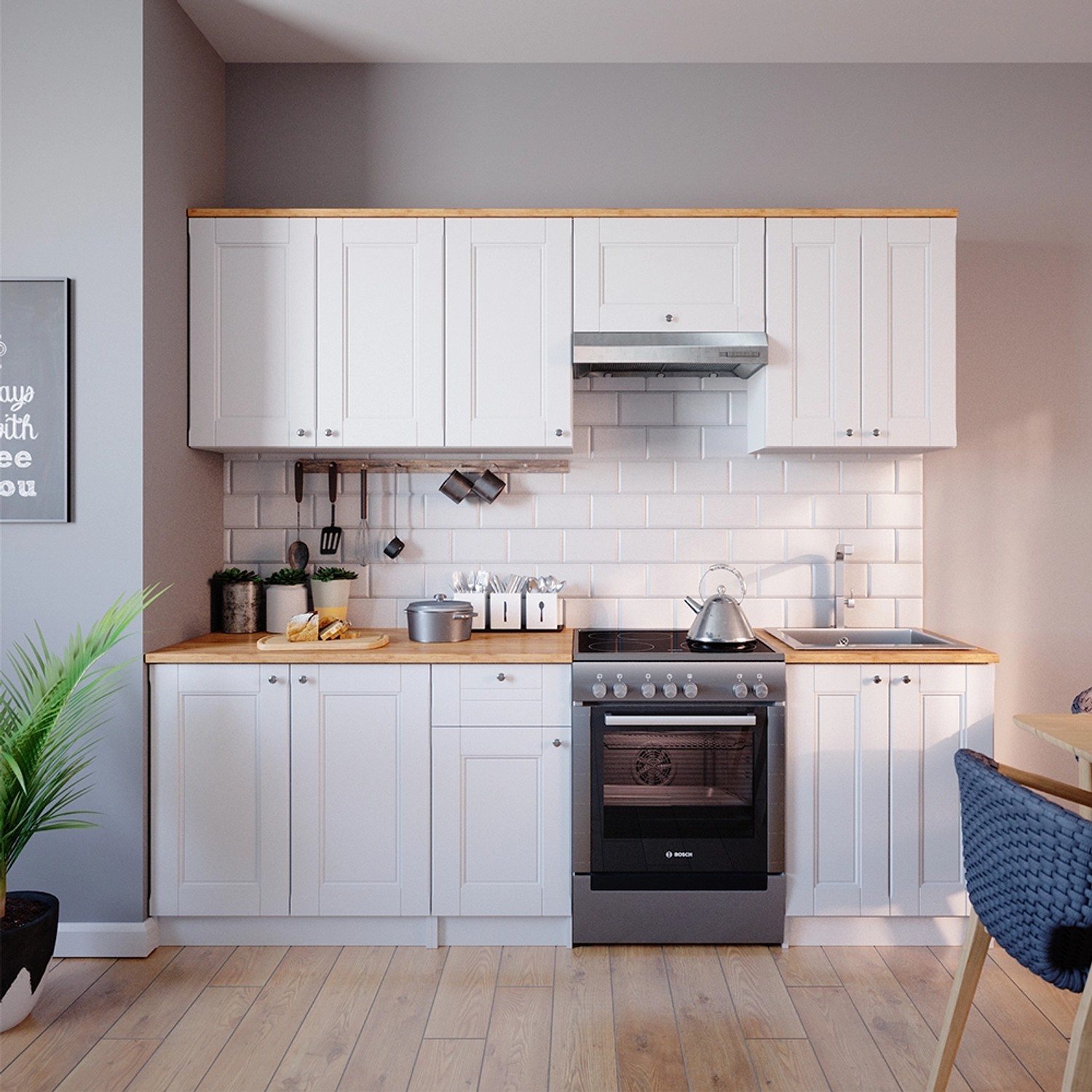 Vicco Küchenzeile Bergamo, 240 cm, Weiß/Eiche, mit Herd und Spüle.