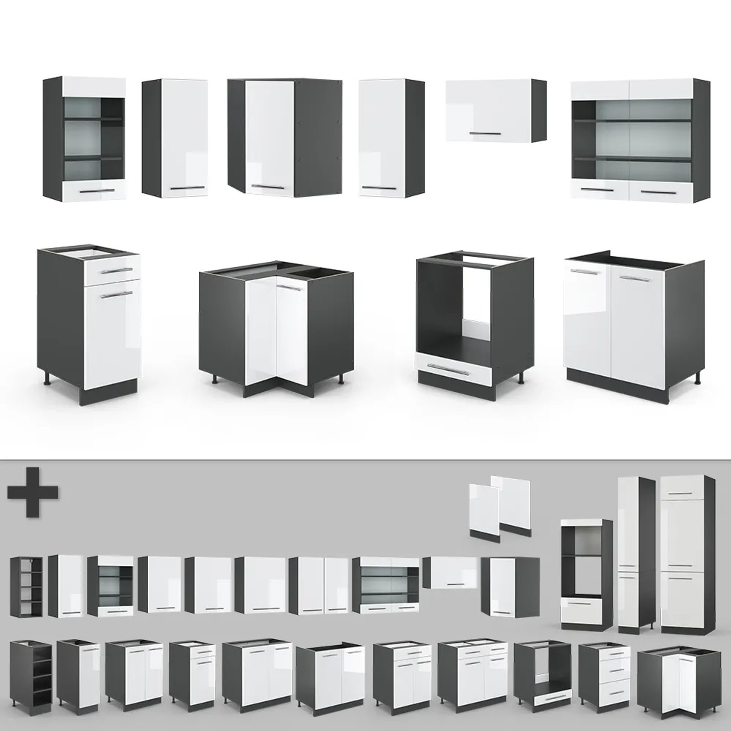 Vicco Fame-Line Küchenschränke in Weiß Hochglanz/Anthrazit, verschiedene Module der Küchenzeile.