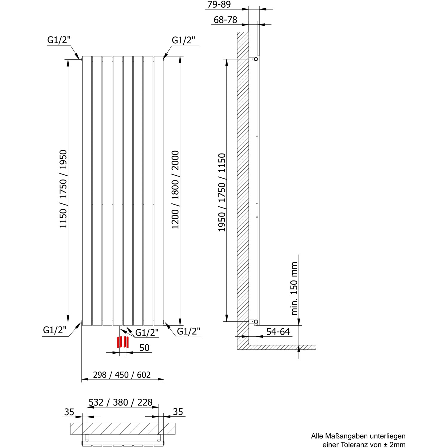 Technische Zeichnung Schulte Design-Heizkörper Aachen mit Maßangaben für Installation.