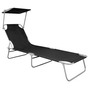 Schwarze vidaXL Klappliege mit Sonnendach aus Aluminium, ideal für Garten, Pool oder Strand.