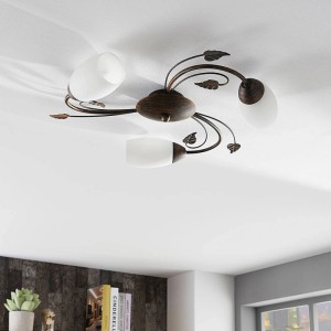 Retro Deckenlampe Stefania, braun, 3-flammig. Vintage Wohnzimmerleuchte mit floralem Design.