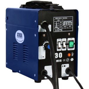 Atrox Fülldraht-Schweißgerät mit Zubehör-Set, blau, Detailansicht der Bedienelemente.