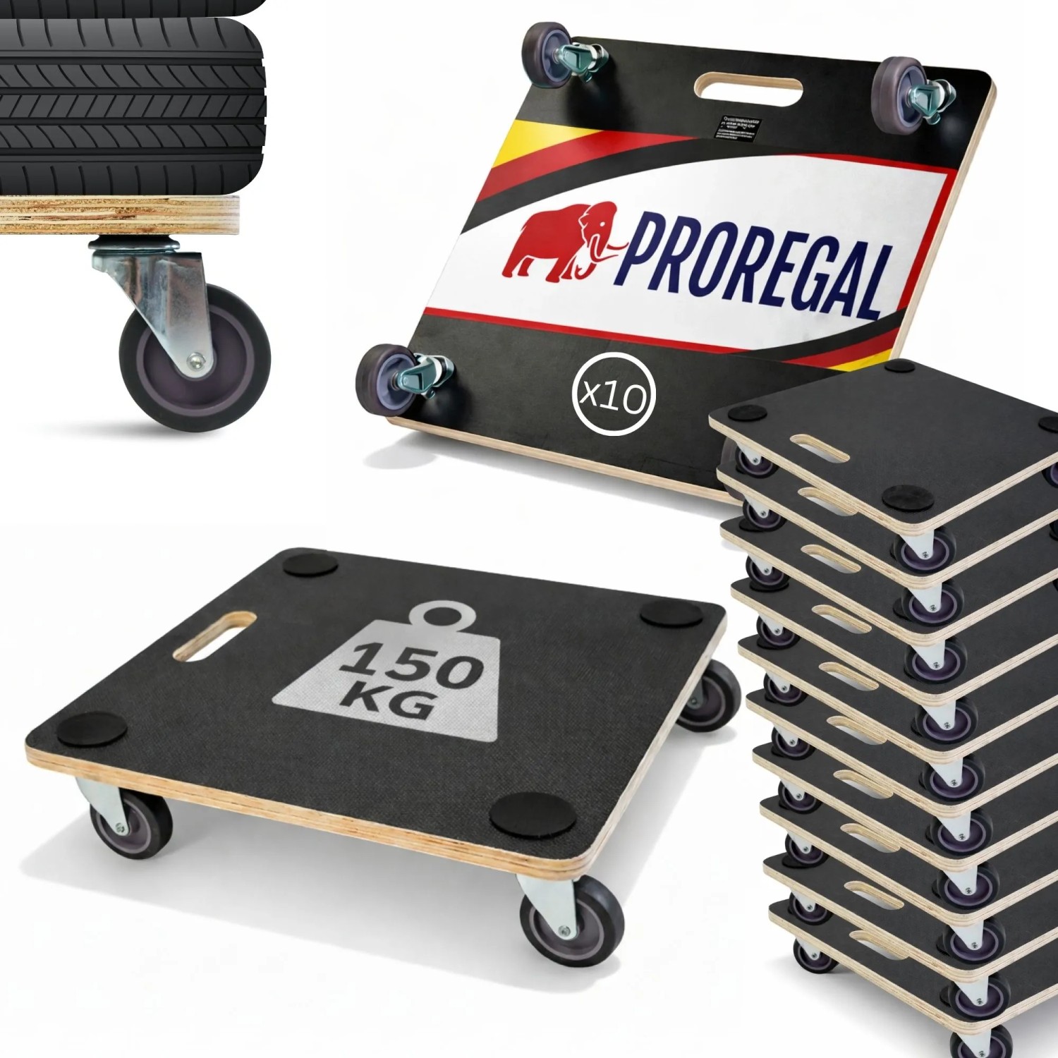 PROREGAL Mega Deal 10x Profi Transportroller HERCULES 50x50cm Traglast 150kg 4 Gummirollen & Griff Siebdruckplatte 2 Stück Rollbrett Möbelroller