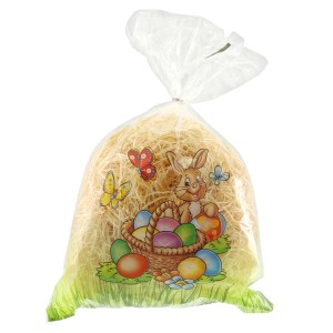 Ostergras Holzwolle, 40g, Natur, im Beutel mit Oster-Motiv.