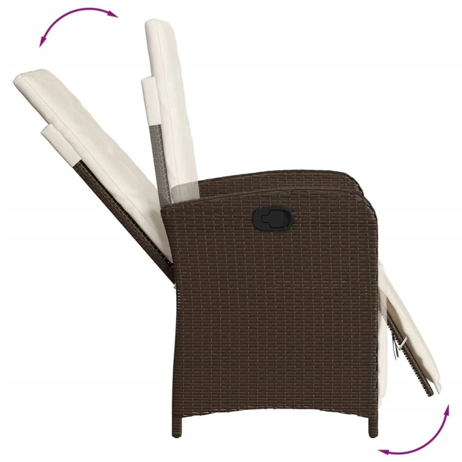 Verstellbarer, brauner vidaXL Gartensessel mit Fußteil aus Poly Rattan, Seitenansicht.
