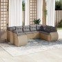 Beige 9-tlg. vidaXL Garten-Sofagarnitur aus Rattan mit grauen Kissen.