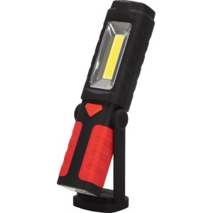 LED Arbeitsleuchte, schwarz-rot, mit Standfuß und Haken für Werkstatt & Baustelle.