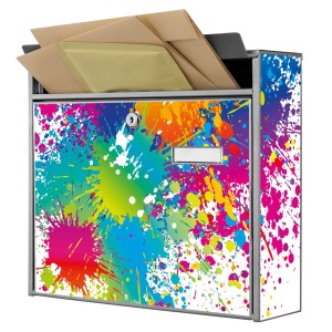 Banjado Briefkasten Silber mit Farbspritzer-Motiv, inkl. Montagematerial und 2 Schlüsseln. Großes Fassungsvermögen.