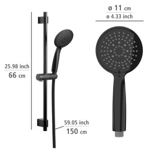 Wenko Brauseset Young in mattem Schwarz mit Duschstange (66 cm), Handbrause (Ø 11 cm) und Duschschlauch (150 cm).