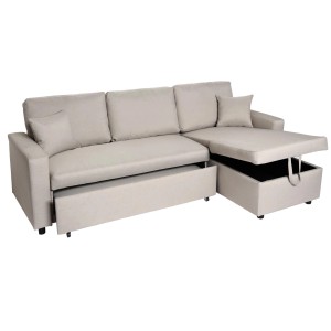 Beiges MCW Ecksofa L17 mit Bettkasten und Schlaffunktion, Ottomane mit Stauraum.