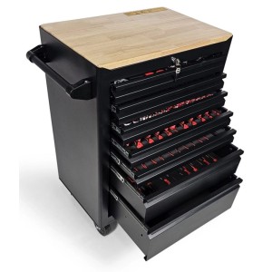 Gefüllter, rollbarer Werkstattwagen Designer Edition mit Holzplatte und Werkzeug-Einlegern.