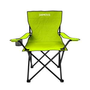 Hellgrüner 24Move Campingstuhl mit Getränkehalter und Tragetasche, faltbar bis 100kg.