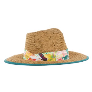 Beiger Blackfox Damenhut Eva aus Stroh mit Blumenband und türkiser Kante. Gartenbekleidung für Damen.