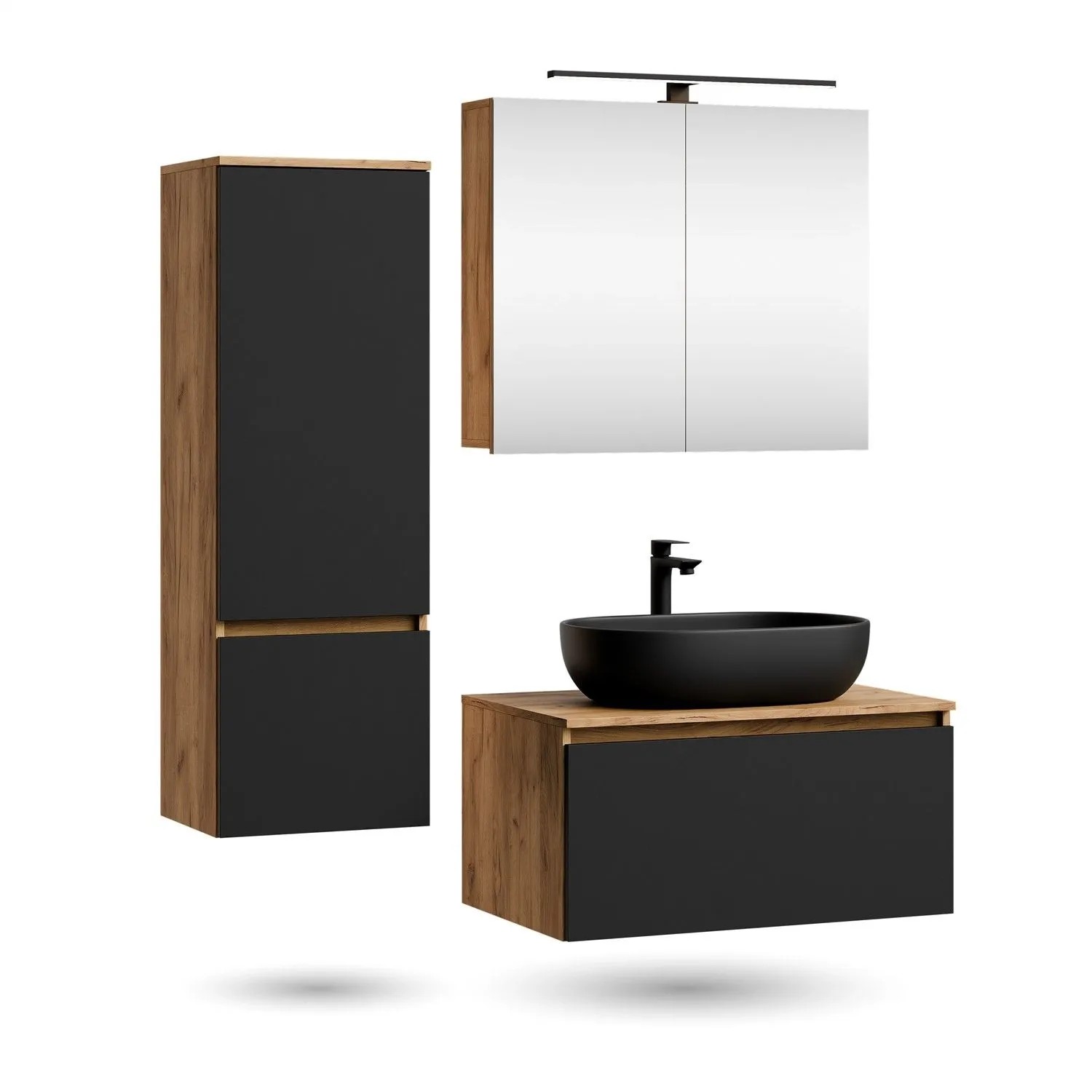 Planetmöbel ARISA Badmöbel Set 80 cm Schwarz mit Hochschrank Spiegelschrank ARIA und Aufsatzwaschbecken Schwarz 60 cm