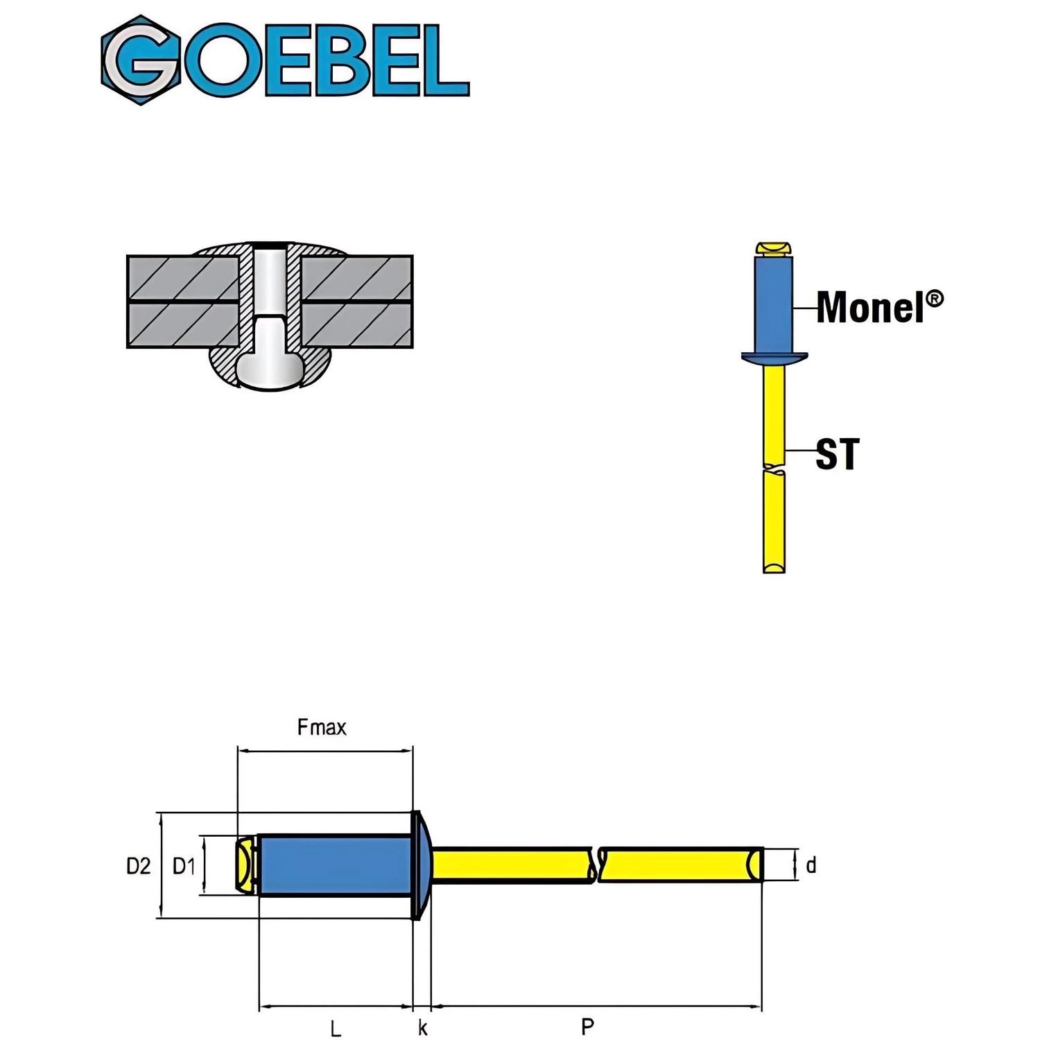 GOEBEL Blindniete 4,0x9,5 mm, Monel/verzinkt Stahl, Flachkopf Popniete für Zangen.