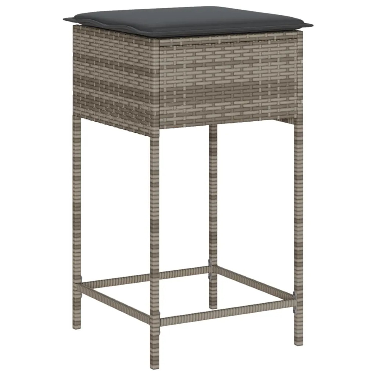 Gartenbar Hocker aus grauem Poly Rattan mit dunklem Kissen, Teil des 5-tlg Sets.