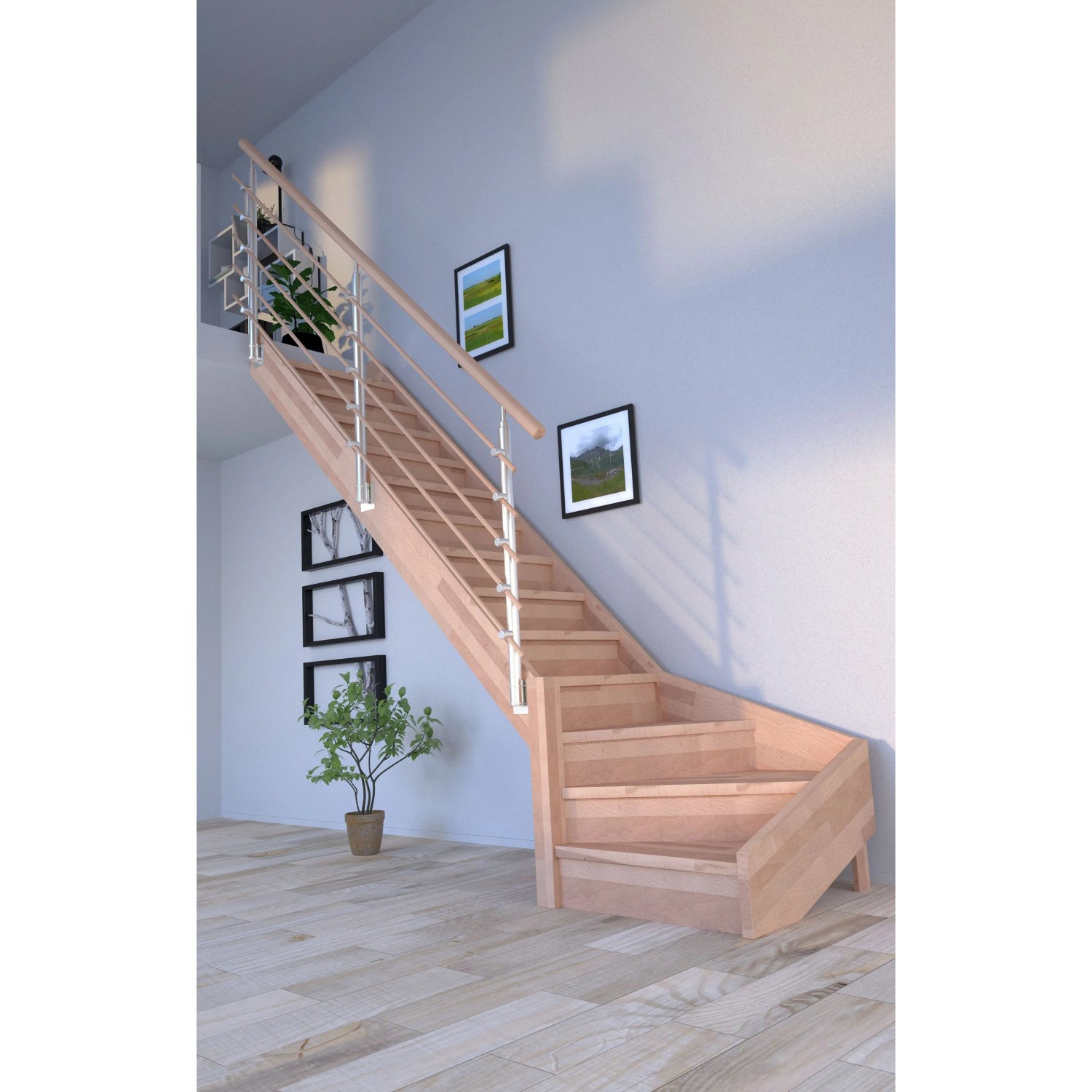 Treppe Mykonos Pro Buche, 1/4 gewendelt links, mit Design-Geländer und Setzstufen.