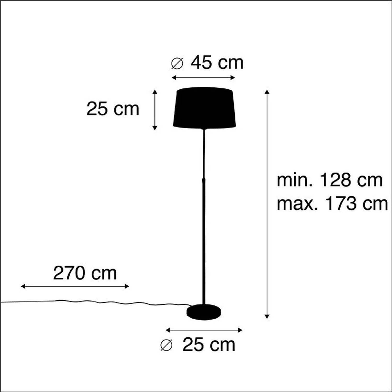 Schwarze Stehlampe mit taupefarbenem Leinenschirm (45 cm), höhenverstellbar. Innenleuchte für Wohnräume.